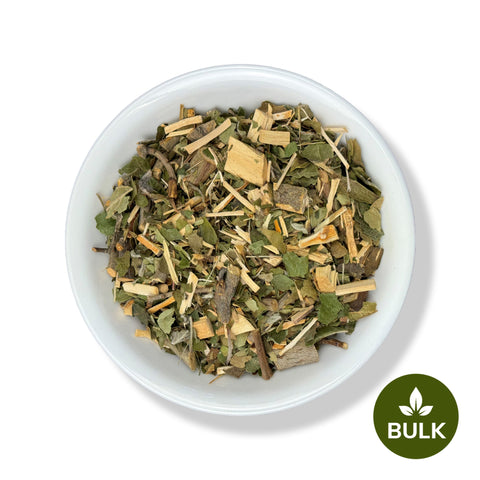 A bowl of dried White Hawthorn leaves and stems, labeled as bulk.