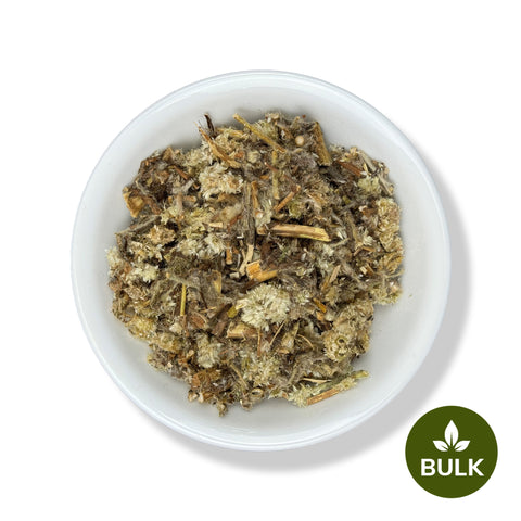 A bowl of dried Mexican Mullein Flowers, also known as Gordolobo, against a white background with a 'BULK' label in the lower right corner.