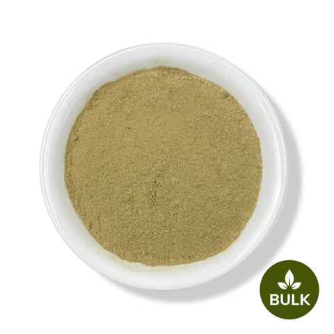 A white bowl filled with Prodigiosa Powder, a green powdered herb supplement, with a 'BULK' label in the lower right corner.