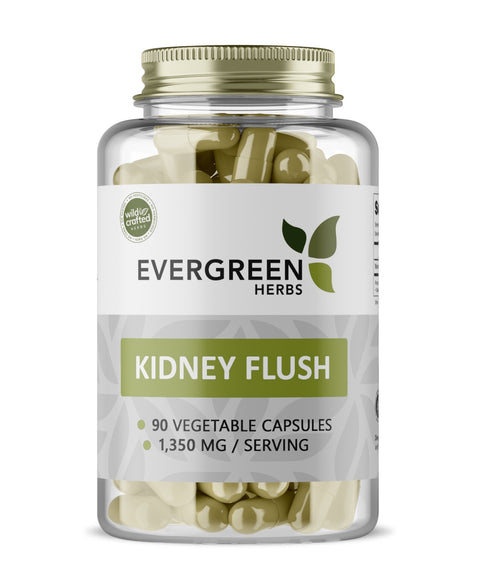 A bottle of Evergreen Herbs Kidney Flush capsules, with 90 vegetable capsules