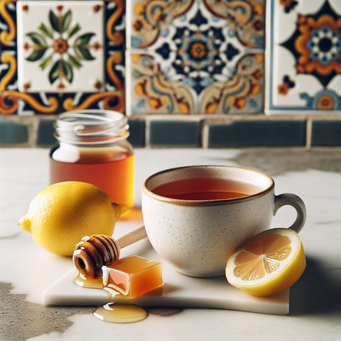 mug of hot tea with lemon slices, honey dipper, and a cut lemon on a tiled countertop in front of colorful decorative tiles.