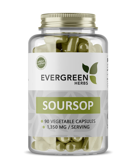 A bottle of Evergreen Herbs Soursop Leaf Capsules with 90 vegetable capsules.