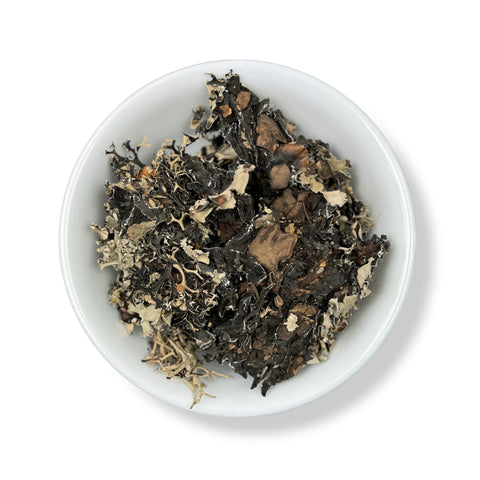 A dish containing dried Lobaria pulmonaria, also known as lungwort lichen, against a white background.