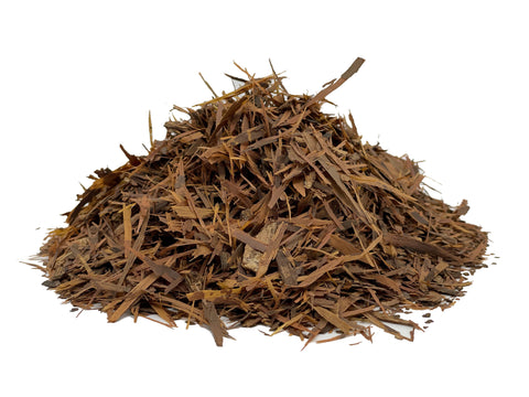 A pile of Pau D'Arco herb, which appears as dried, brown strips.