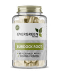 A bottle of Evergreen Herbs Burdock Root capsules with 90 vegetable capsules