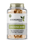 A bottle of Cinchona Bark capsules labeled 'Evergreen Herbs', with 90 vegetable capsules and a serving size of 1350 mg.