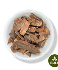 A white bowl filled with dried Amphipterygium adstringens bark, also known as Cuachalalate, on a white background with a 'BULK' label in the lower right corner.