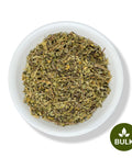 A bowl of dried Damiana leaves, with a 'BULK' label in the foreground.
