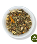 A bulk bowl of dried herbal tea leaves and pieces, with a label indicating 'Diabetes Tea Blend' and 'Bulk'.