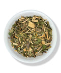 A bowl of dried White Hawthorn (Crataegus monogyna) herbs, showcasing leaves and stems.