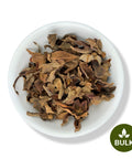 A white bowl filled with dried herbal leaves and flowers, with a 'BULK' label at the bottom right corner.