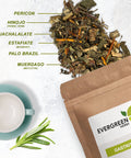 Evergreen Herbs Gastritis loose-leaf tea blend spilling from a kraft pouch, with a teacup and labeled herbal ingredients beside it.