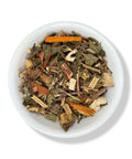 A bowl of dried herbal tea leaves and pieces, including Pericon, Fennel Herb, Cuachalalate, Mugwort, Palo Brazil, and Mistletoe, indicative of the Gastritis Te product.