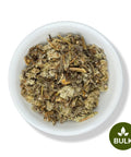 A bowl of dried Mexican Mullein Flowers, also known as Gordolobo, against a white background with a 'BULK' label in the lower right corner.