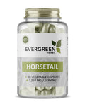 A plastic jar containing 90 white horsetail capsules labeled 'Evergreen Herbs Horsetail 90 vegetable capsules / 1350 mg servings'.