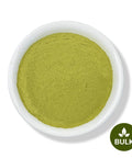A bowl of Moringa Powder, with a greenish tint and the Bulk brand logo in the corner.