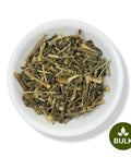 A white bowl filled with dried nettle leaves, with a 'BULK' label at the bottom right corner.