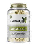 A bottle of Evergreen Herbs Maca Root Capsules with 90 vegetable capsules, labeled for 1350 mg per serving.