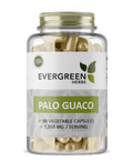 A plastic jar containing 90 vegetable capsules labeled 'Evergreen Herbs' with 'Palo Guaco' indicated on the label. 