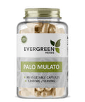 A plastic jar containing 90 vegetable capsules labeled 'Evergreen Herbs Palo Mulato' with a serving size of 1350 mg.