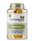 Bottle of Evergreen Herbs Turmeric capsules with gold cap, containing yellow vegetable capsules.