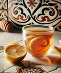 Glass mug of hot tea with lemon slices, honey dipper, and a cut lemon on a tiled countertop in front of colorful decorative tiles.