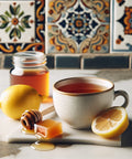 mug of hot tea with lemon slices, honey dipper, and a cut lemon on a tiled countertop in front of colorful decorative tiles.