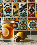 Glass of hot herbal tea with lemon slices on a countertop, with a honey dipper and lemons in front of colorful floral tiles