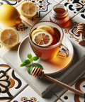 Glass cup of hot tea with lemon slices, a honey dipper, fresh mint, and lemons on a patterned tile countertop.
