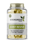 A plastic jar labeled 'Evergreen Herbs Joint Revive' containing 90 vegan capsules, with a label showing the product name and the brand's logo.