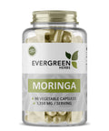 A bottle of Evergreen Herbs Moringa capsules with 90 vegetable capsules.