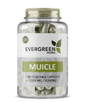 A bottle of Evergreen Herbs Muicle capsules, with 90 vegetable capsules.
