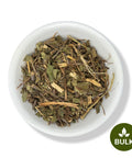 A white bowl filled with dried herb leaves and stems, with a 'BULK' label at the bottom right corner.