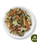 A plate of dried herbal tea leaves and pieces, representing the bulk Relax Tea Blend 'Nervios'.