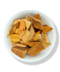 A bowl filled with dried Hawthorn chips (Crataegus spp.), sourced from Mexico. 