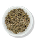 A bowl of dried raspberry leaf (Rubus idaeus) herb.