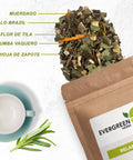 Evergreen Herbs Relax loose-leaf tea blend spilling from a kraft pouch, with labeled herbal ingredients and a teacup beside it.