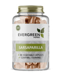 Bottle of Evergreen Herbs Sarsaparilla capsules with a gold cap, containing 90 vegetable capsules.