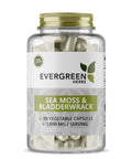 A bottle of Evergreen Herbs Sea Moss & Bladderwrack capsules, containing 90 vegetable capsules, with a label showing the product name and the amount of sea vegetables per serving.