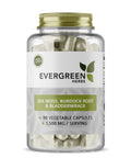 A bottle of Evergreen Herbs brand dietary supplements, containing Sea Moss, Burdock Root & Bladderwrack capsules.