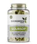 A bottle of Evergreen Herbs Soursop Leaf Capsules with 90 vegetable capsules.