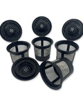 A set of four black reusable K-Cup coffee pods compatible with Keurig coffee makers.