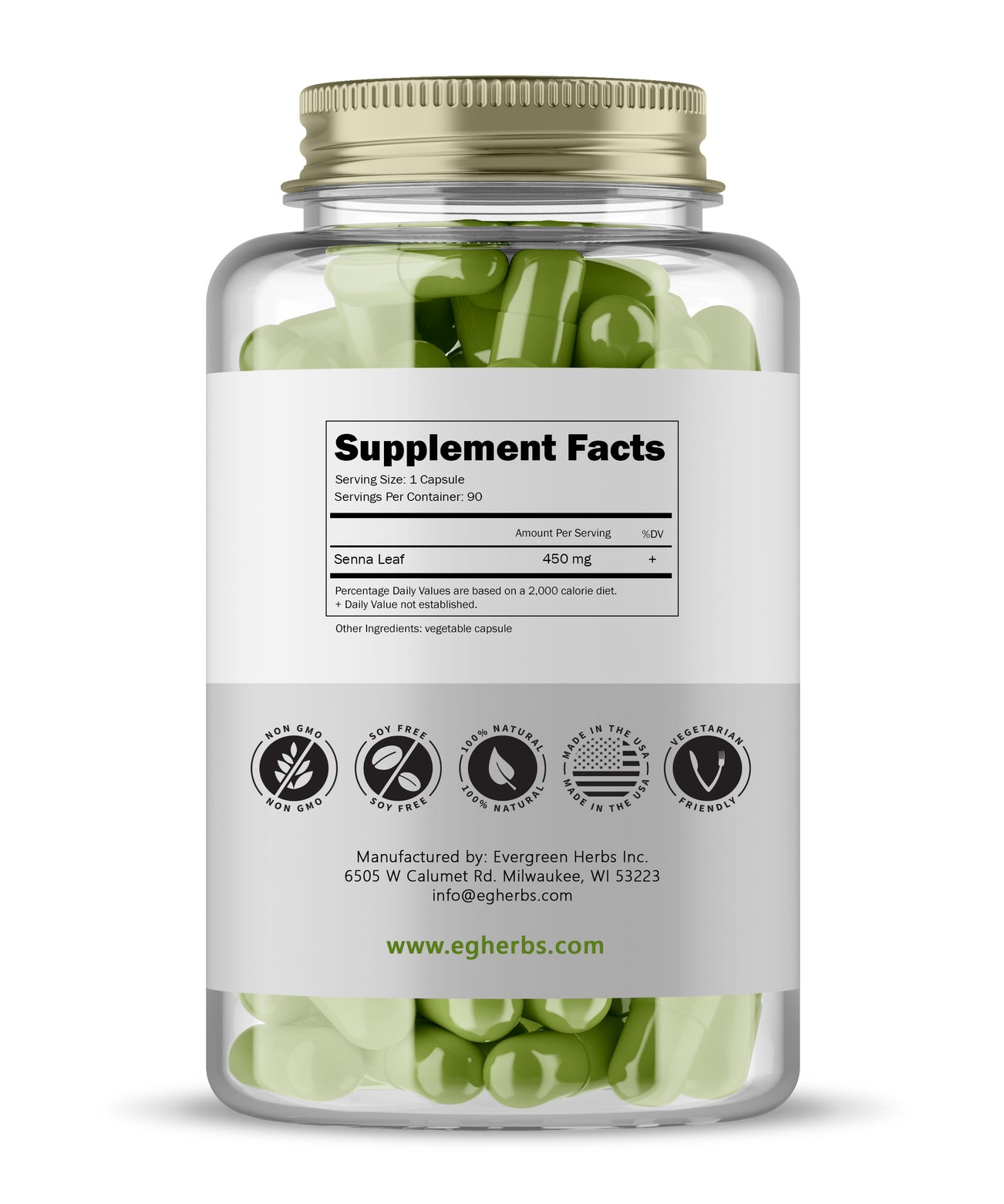 Senna Leaf Capsules - 90 Capsules - 450 mg.